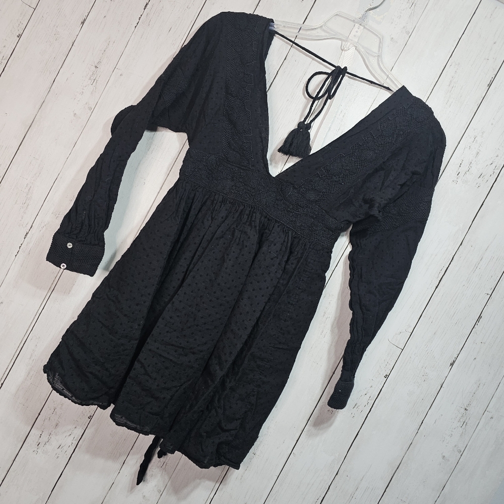 Free People Sugarpie Sexy Black Cotton Swissdot Embroidered Mini Dress Size XS. - Picture 6 of 13